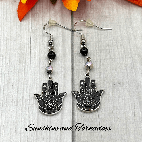Handmade Drop Earrings with Embellished Stainless Steel Hamsa Hands, Black Obsidian and Electroplated Hematite Gemstone Beads