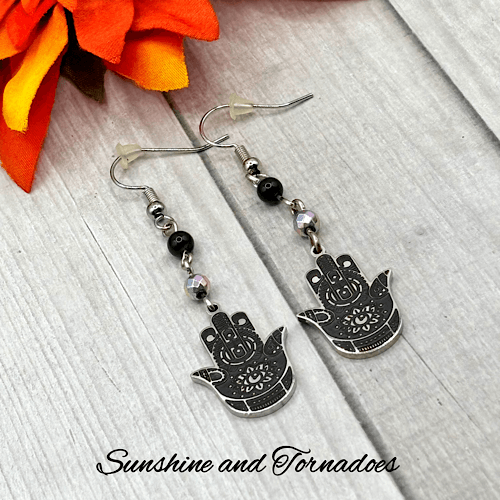 Handmade Drop Earrings with Embellished Stainless Steel Hamsa Hands, Black Obsidian and Electroplated Hematite Gemstone Beads - Image 4