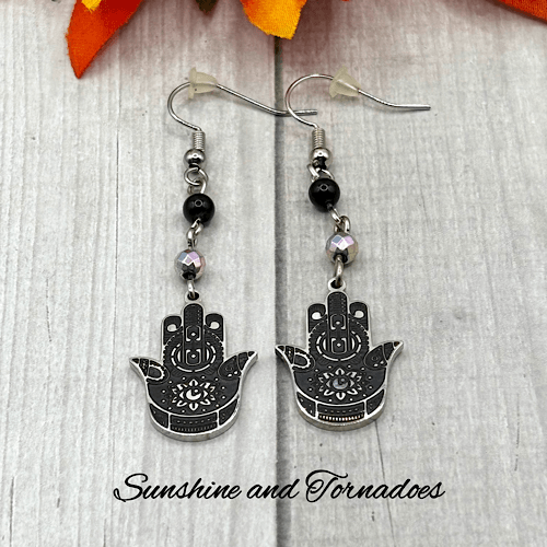 Handmade Drop Earrings with Embellished Stainless Steel Hamsa Hands, Black Obsidian and Electroplated Hematite Gemstone Beads - Image 5