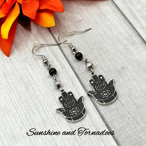 Handmade Drop Earrings with Embellished Stainless Steel Hamsa Hands, Black Obsidian and Electroplated Hematite Gemstone Beads - Image 6