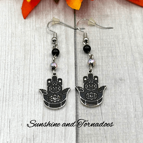 Handmade Drop Earrings with Embellished Stainless Steel Hamsa Hands, Black Obsidian and Electroplated Hematite Gemstone Beads - Image 7