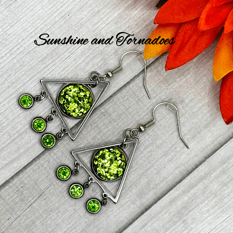 Handmade Stainless Steel Earrings with Green Glitter infused Resin. - Image 3