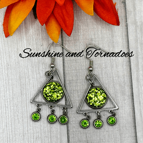 Handmade Stainless Steel Earrings with Green Glitter infused Resin. - Image 4
