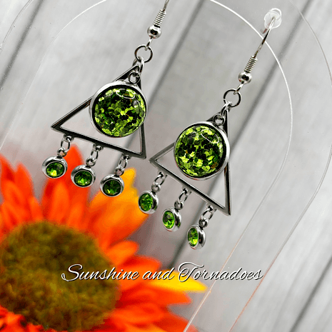 Handmade Stainless Steel Earrings with Green Glitter infused Resin. - Image 5