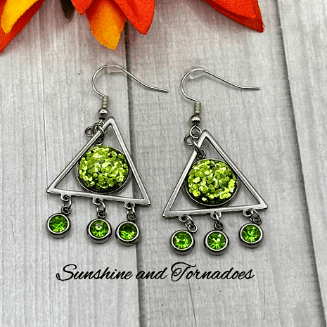 Handmade Stainless Steel Earrings with Green Glitter infused Resin. - Image 2
