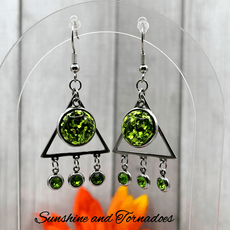 Handmade Stainless Steel Earrings with Green Glitter infused Resin.