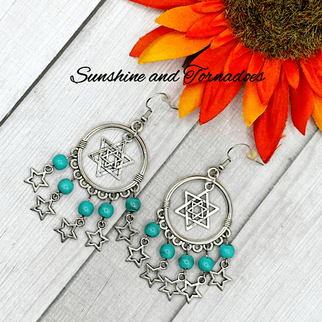 Handmade Chandelier Drop Earrings with Silver Star Charms, Decorative Hoops and Turquoise Howlite Gemstone Beads. - Image 6