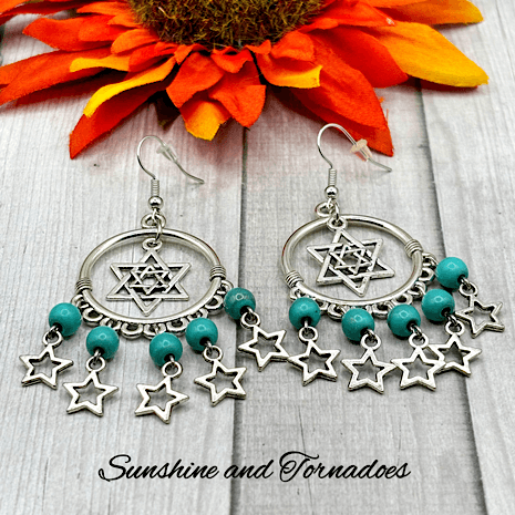 Handmade Chandelier Drop Earrings with Silver Star Charms, Decorative Hoops and Turquoise Howlite Gemstone Beads. - Image 5