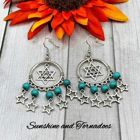 Handmade Chandelier Drop Earrings with Silver Star Charms, Decorative Hoops and Turquoise Howlite Gemstone Beads. - Image 4