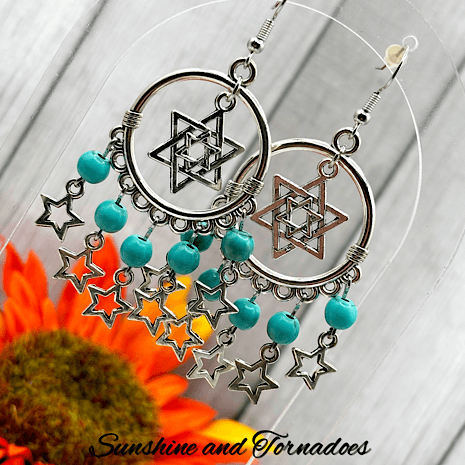 Handmade Chandelier Drop Earrings with Silver Star Charms, Decorative Hoops and Turquoise Howlite Gemstone Beads. - Image 3