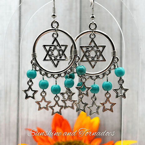 Handmade Chandelier Drop Earrings with Silver Star Charms, Decorative Hoops and Turquoise Howlite Gemstone Beads. - Image 2