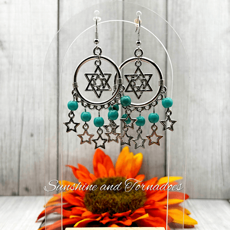 Handmade Chandelier Drop Earrings with Silver Star Charms, Decorative Hoops and Turquoise Howlite Gemstone Beads.