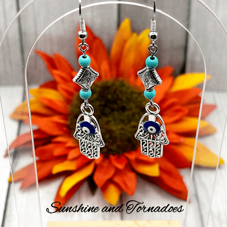 Handmade Drop Earrings with Silver Evil Eye Hamsa Charms and Turquoise Howlite Gemstone Beads. - Image 5