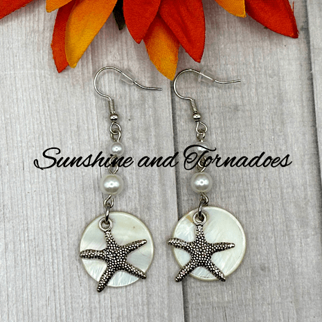 Handmade Natural Shell Earrings with faux Pearl Beads and textured Silver Starfish charms. - Image 6