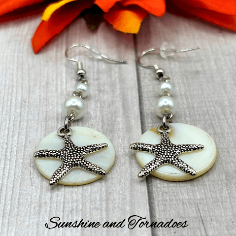 Handmade Natural Shell Earrings with faux Pearl Beads and textured Silver Starfish charms. - Image 5
