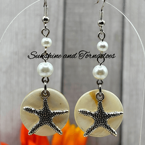Handmade Natural Shell Earrings with faux Pearl Beads and textured Silver Starfish charms. - Image 2