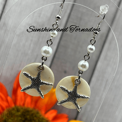 Handmade Natural Shell Earrings with faux Pearl Beads and textured Silver Starfish charms. - Image 3