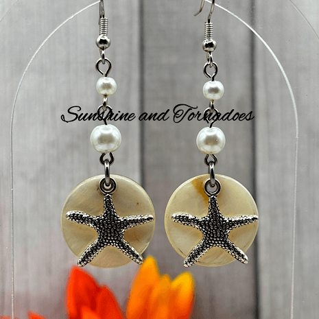 Handmade Natural Shell Earrings with faux Pearl Beads and textured Silver Starfish charms. - Image 4