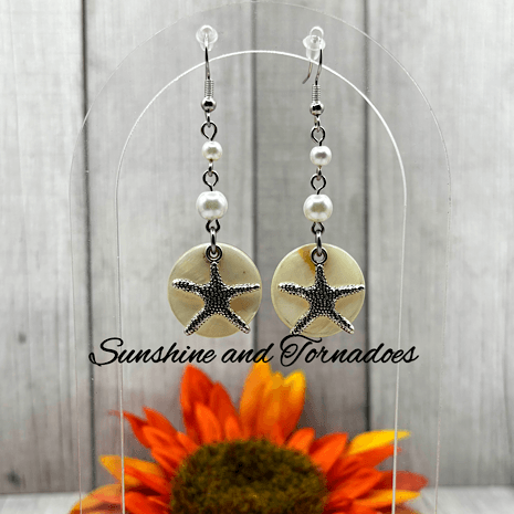 Handmade Natural Shell Earrings with faux Pearl Beads and textured Silver Starfish charms.