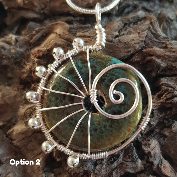 Limited Edition Handmade Green Ceramic Ammonite Pendant – Spiral Wirework Necklace
