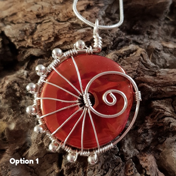 Limited Edition Handmade Red Ceramic Ammonite Pendant – Spiral Wirework Statement Necklace – Artisan Jewellery UK