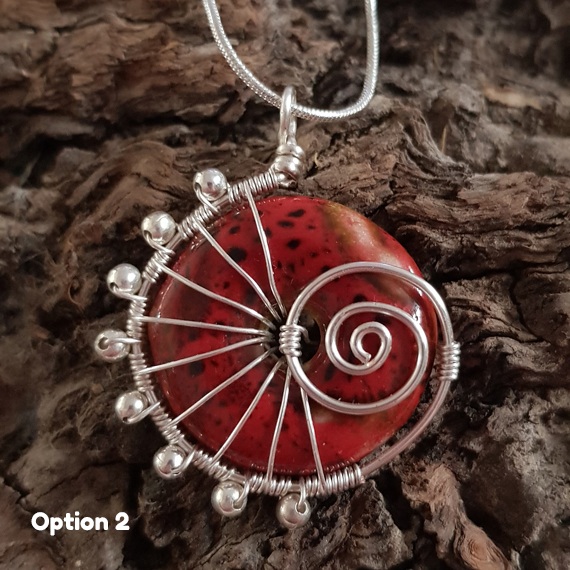 Limited Edition Handmade Red Ceramic Ammonite Pendant – Spiral Wirework Statement Necklace – Artisan Jewellery UK