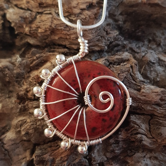 Limited Edition Handmade Red Ceramic Ammonite Pendant – Spiral Wirework Statement Necklace – Artisan Jewellery UK