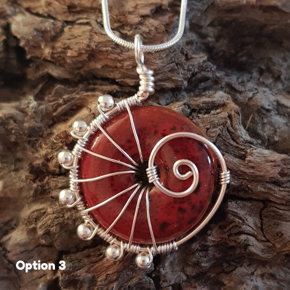 Limited Edition Handmade Red Ceramic Ammonite Pendant – Spiral Wirework Statement Necklace – Artisan Jewellery UK