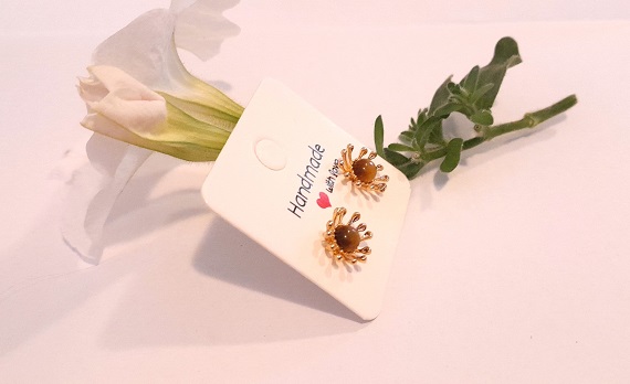 Tigers eye tiny 5mm studs on 18k gold plated flower cup