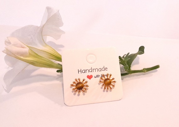 Tigers eye tiny 5mm studs on 18k gold plated flower cup