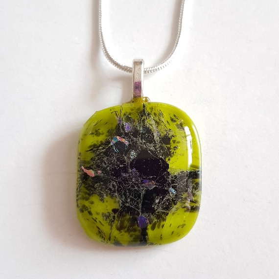 Unique One-of-a-Kind Handmade Bright Green and Black Fused Glass Pendant Necklace