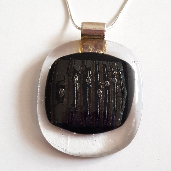 Unique One-of-a-Kind Handmade Clear and Black Iridescent Fused Glass Pendant Necklace