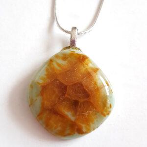 Unique One-of-a-Kind Handmade Mint Green and Ochre Fused Glass Pendant Necklace