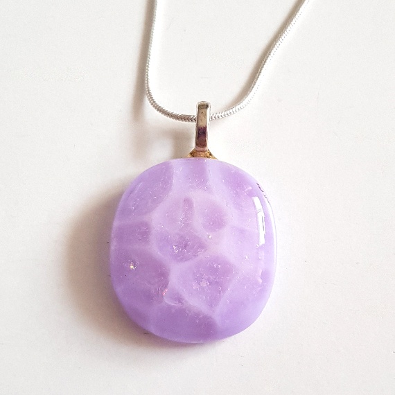 Unique One-of-a-Kind Handmade Lilac Fused Glass Pendant Necklace – Soft Pastel Sparkle