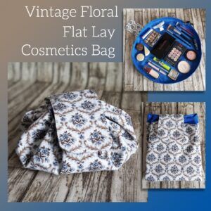 Vintage Floral Flat Lay Drawstring Makeup Bag – Eco-Friendly Cosmetic Organiser Made from Repurposed Fabric