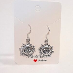 silver sun face starburst drop earrings pagan goth celestial
