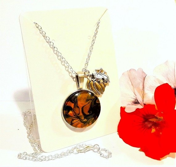 Autumn halloween fluid art abstract pumpkin pendant hand painted orange black bronze black pumpkin charm