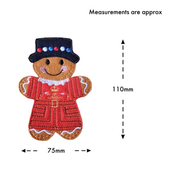 Beefeater Gingerbread Character made from felt, wearing a red and gold uniform and black hat with colourful dots. The image includes approximate measurements showing 110 mm in height and 75 mm in width.