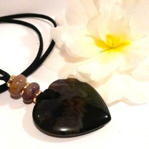 Black agate heart necklace with Indian agate rondelle beads and 18k gold spacers on a black faux suede self tie cord