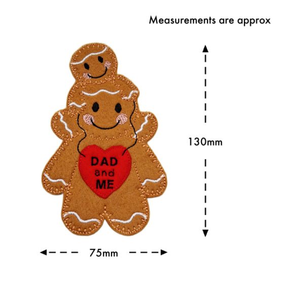 Handmade felt Dad and Me Gingerbread Character showing a large gingerbread figure with a child on top and a red heart embroidered with “Dad and Me,” displayed with approximate size 130mm tall and 75mm wide.