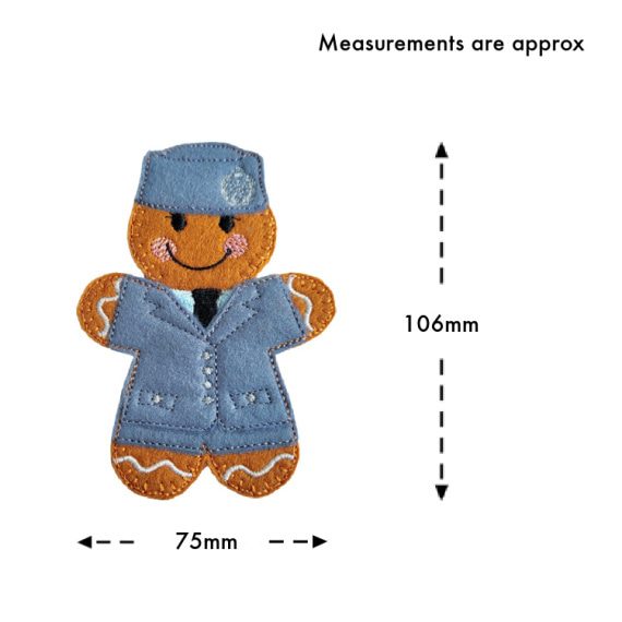 Female RAF Gingerbread Character handmade from soft felt, wearing RAF skirt suit with tie and peaked cap, shown with approximate measurements of 106mm tall and 75mm wide.