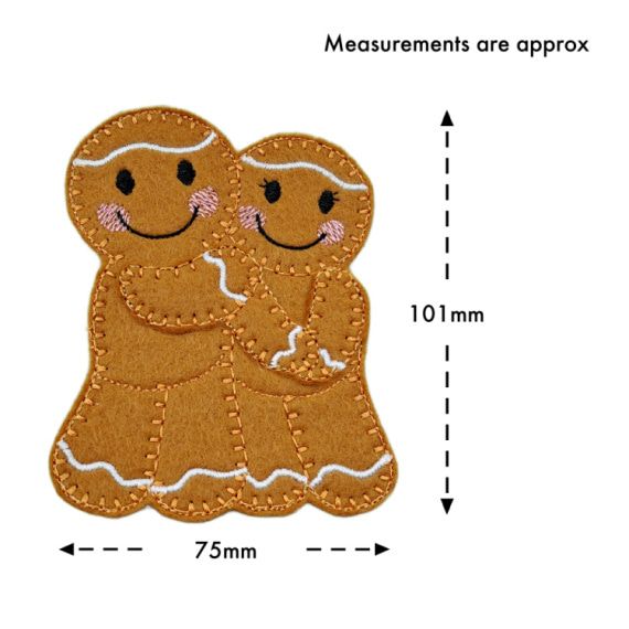Handmade felt gingerbread sweethearts – couple in love, with smiling embroidered faces and pink cheeks. The decoration is shown with measurements of approximately 101 millimeters tall and 75 millimeters wide.