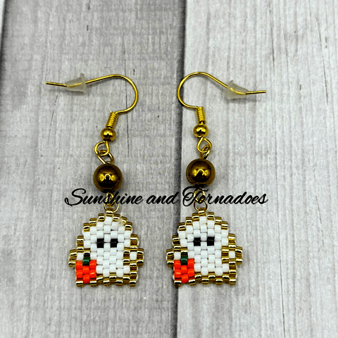 Pumpkin Spooks - Handcrafted Bead work Earrings - Halloween Earrings - Drop Earrings - Brick Stitch - Bead work - Ghost Earrings - Cute Earrings - Cute Ghost Earrings - Alternative.