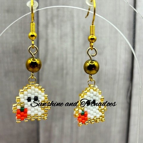 Pumpkin Spooks - Handcrafted Bead work Earrings - Halloween Earrings - Drop Earrings - Brick Stitch - Bead work - Ghost Earrings - Cute Earrings - Cute Ghost Earrings - Alternative. - Image 2
