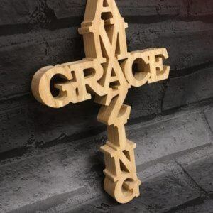 Handcut Wooden Cross with ‘Amazing Grace’ – Pine Wood