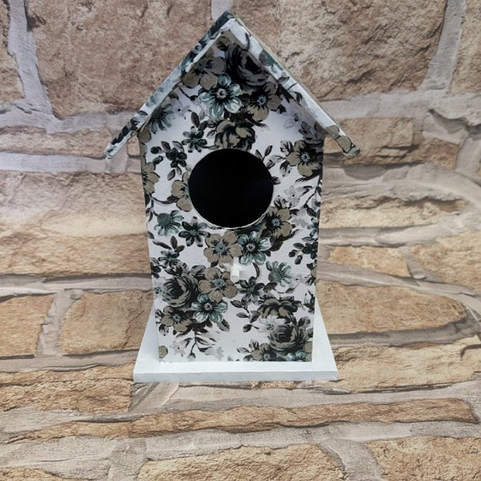 Handcrafted Wooden Bird House with Black Flowers Decoupage - Small Decorative Birdhouse