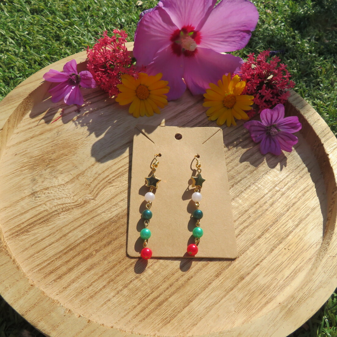 Handmade Gold, Red, and Green Christmas Earrings with Gold Star - Image 2