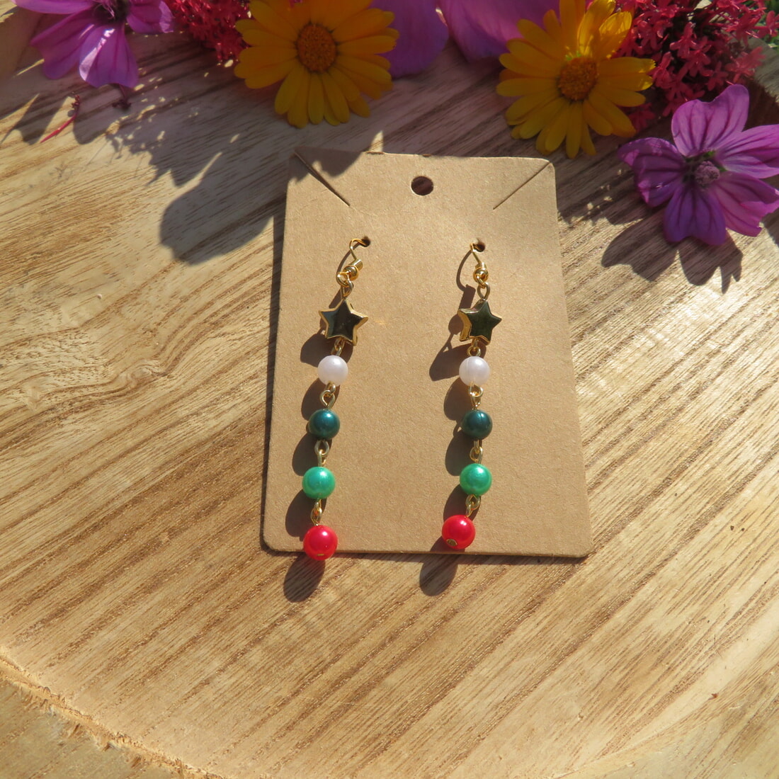 Handmade Gold, Red, and Green Christmas Earrings with Gold Star