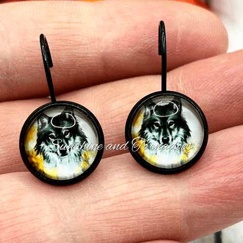 Handmade Glass Cabochon Lever Back Earrings with Wolf Aura Image in Enamelled Bezels.