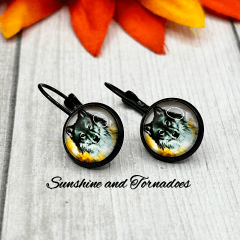 Handmade Glass Cabochon Lever Back Earrings with Wolf Aura Image in Enamelled Bezels. - Image 3